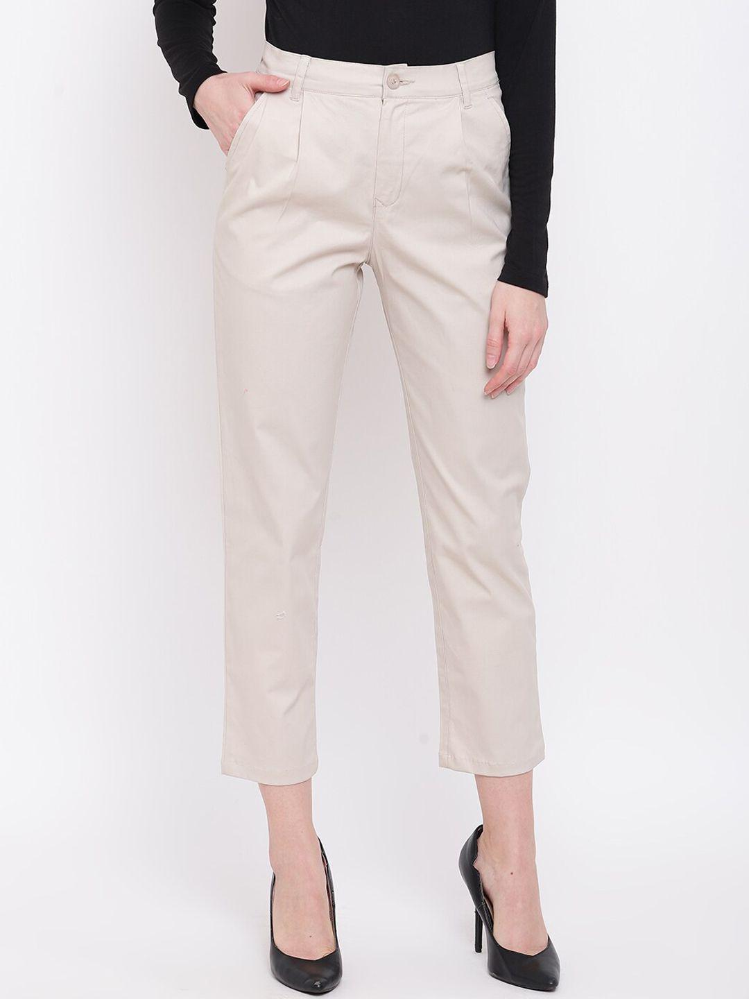 mayra women cream-coloured skinny fit solid peg trousers