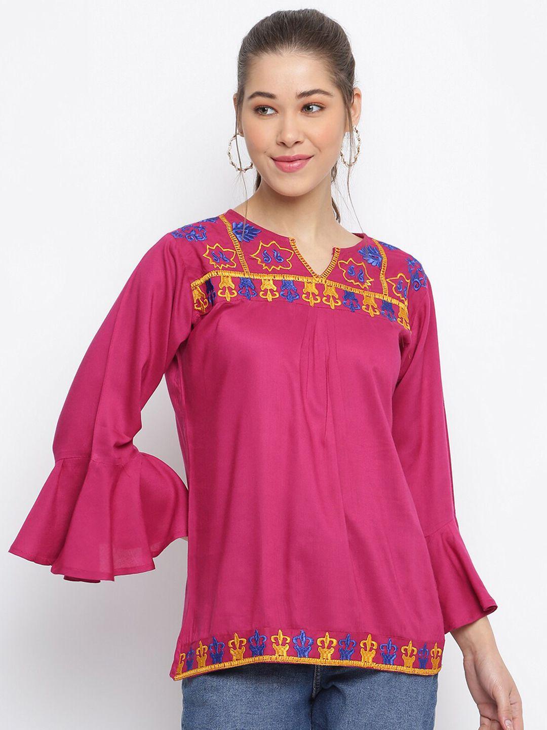 mayra women maroon cotton embroidered top with bell sleeves