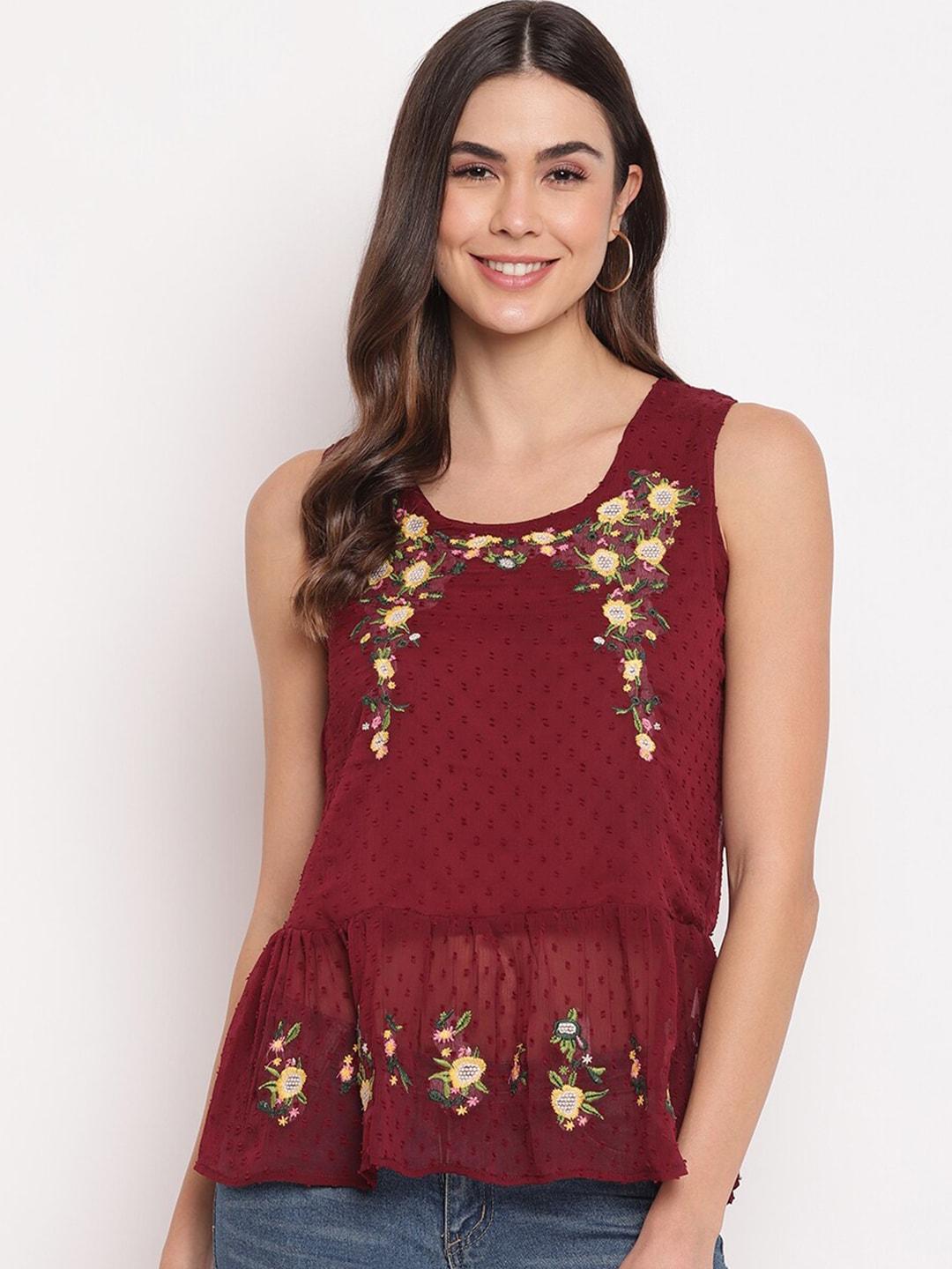 mayra women maroon floral embroidered top