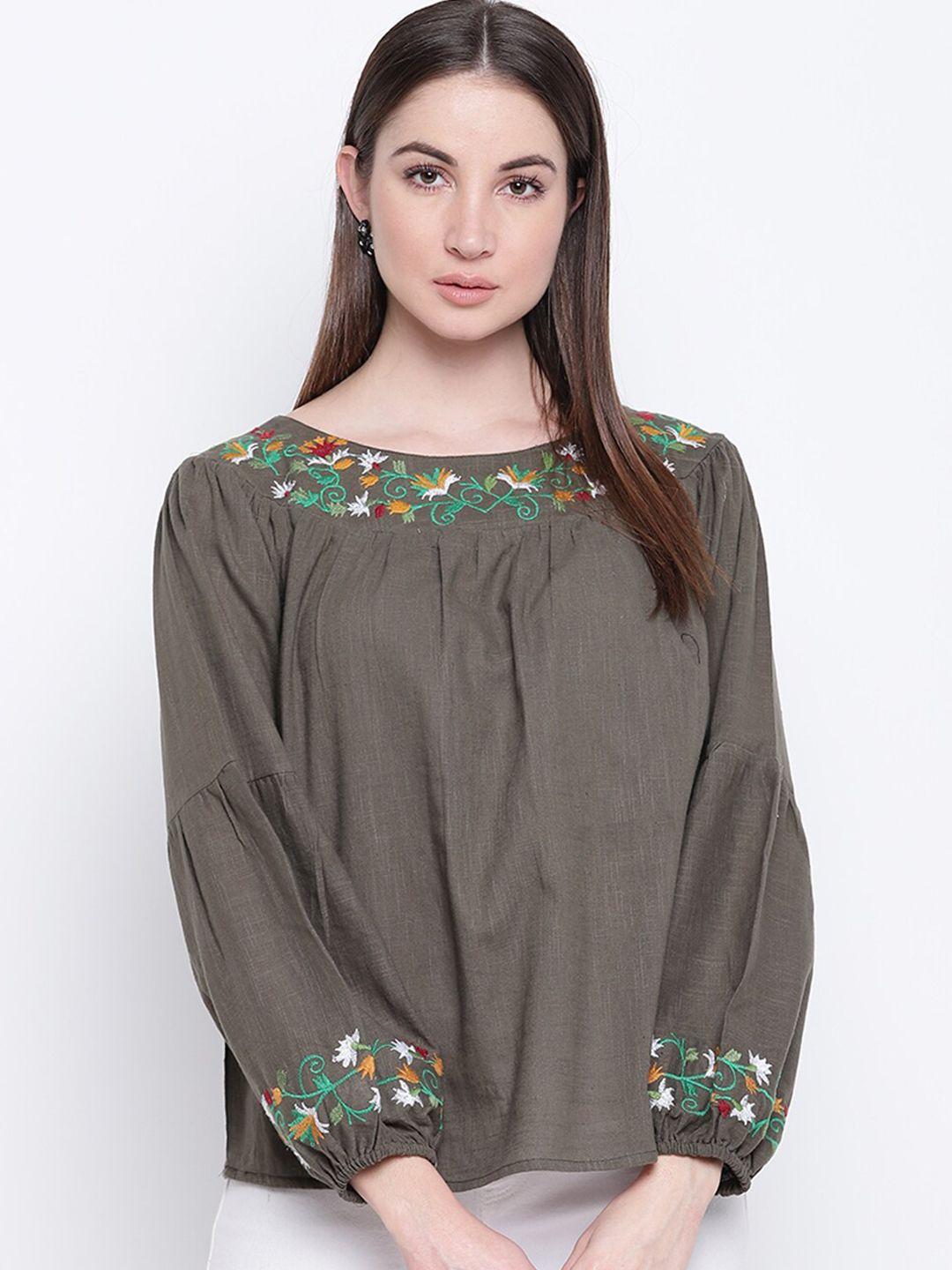 mayra women olive green floral embroidered pure cotton top
