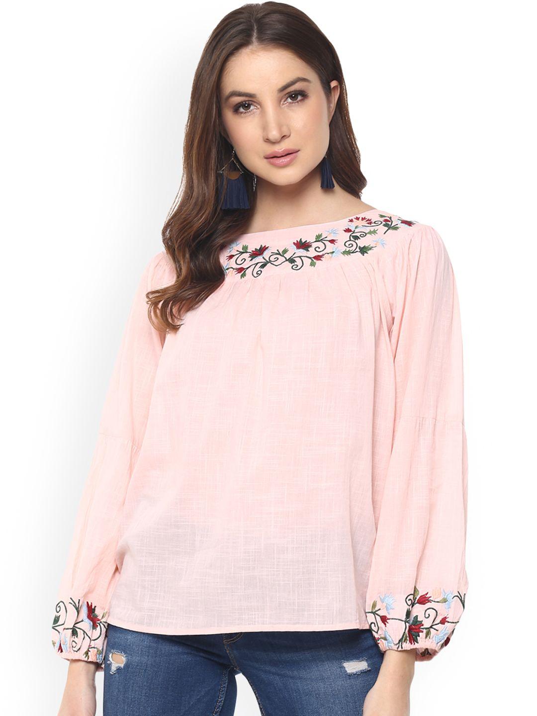 mayra women pink embroidered a-line pure cotton top