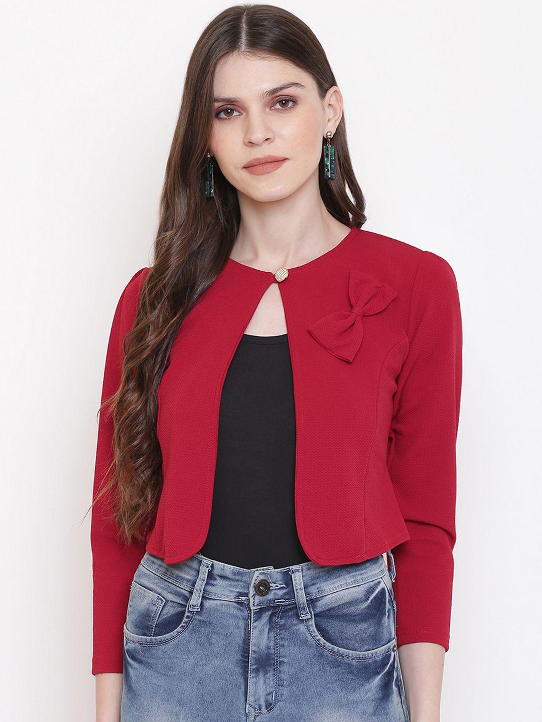 mayra women red solid open front jacket