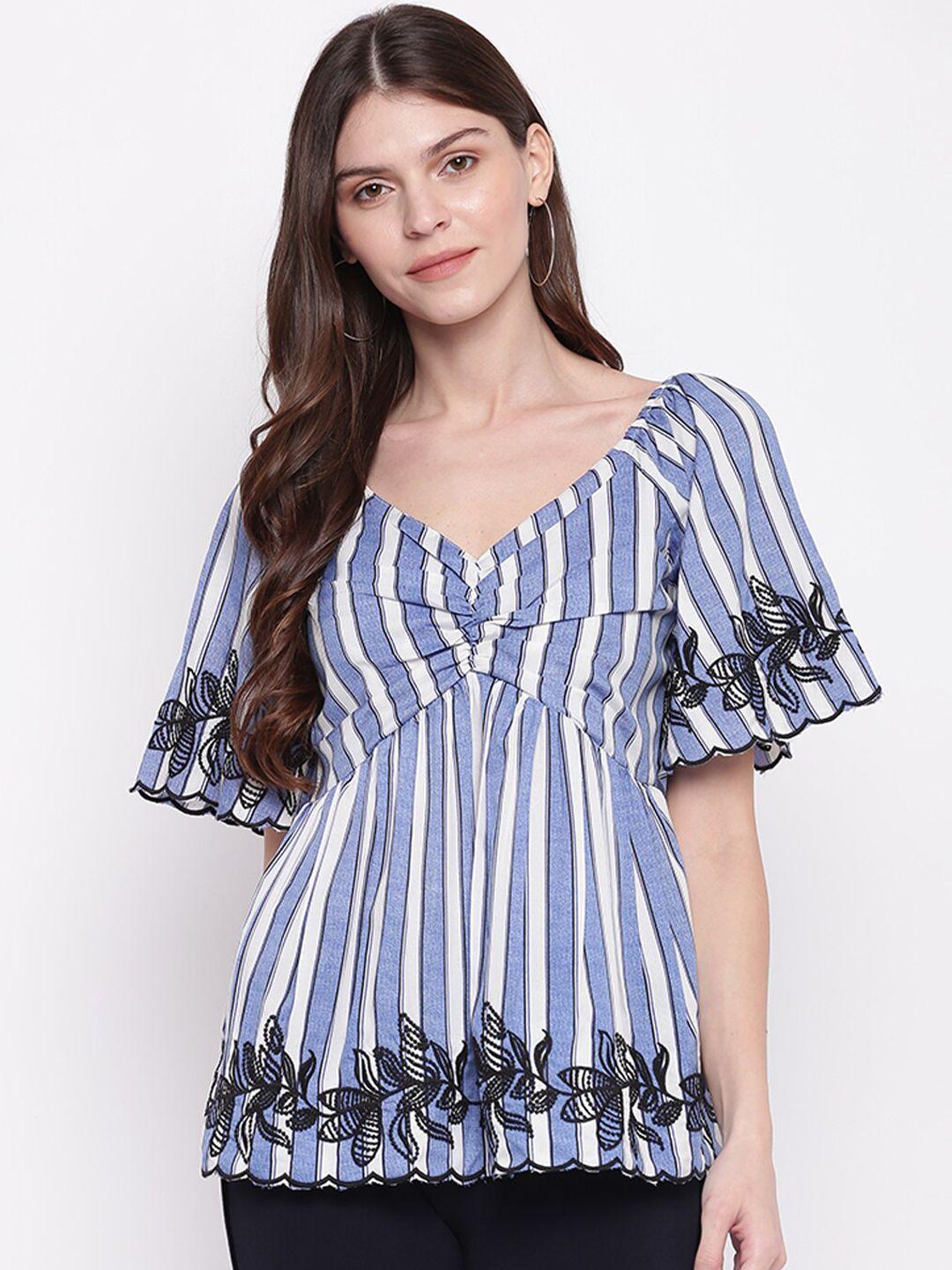 mayra blue & white striped embroidered a-line top