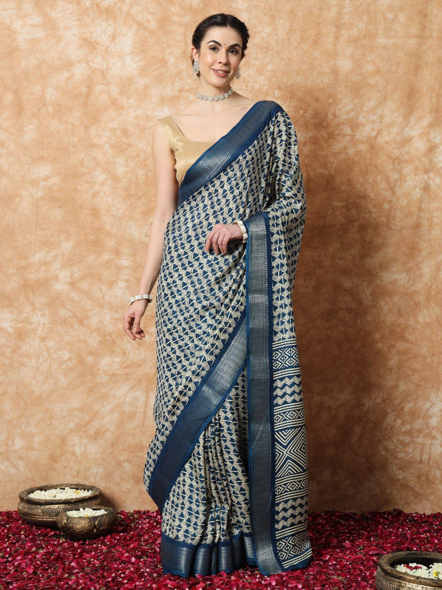 mayra blue silk printed and zari border saree with unstitched blouse