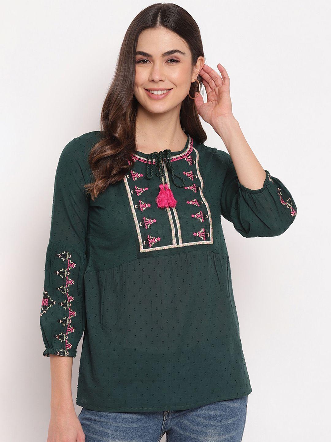 mayra ethnic motifs embroidered tie-up neck pure cotton top