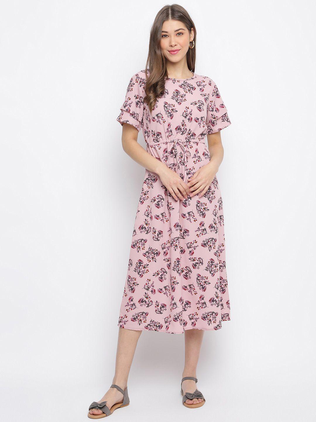 mayra floral printed a-line flutter sleeves waist tie ups midi a-line dress