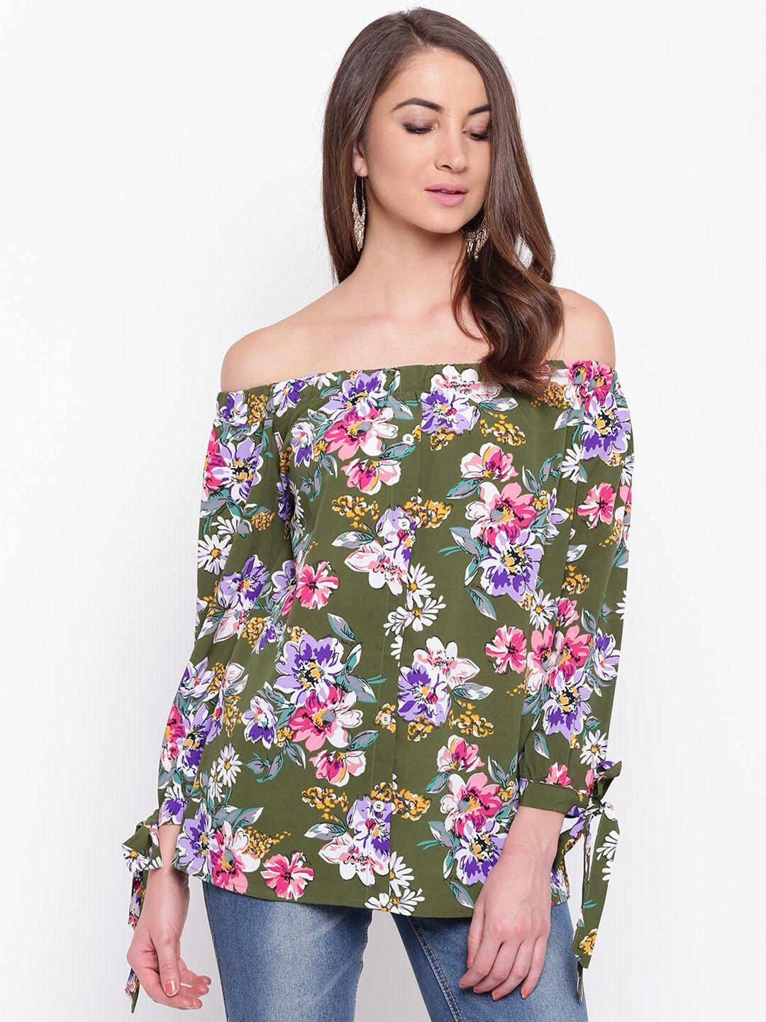 mayra green & pink floral printed off-shoulder bardot top