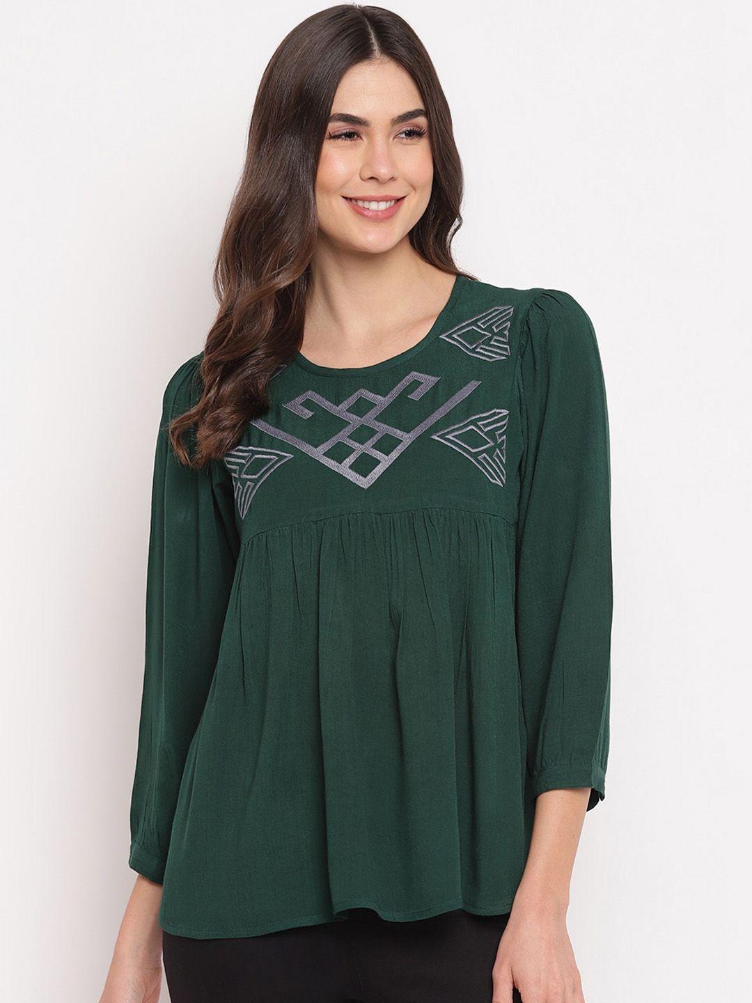 mayra green & silver-toned geometric printed pure cotton a-line top