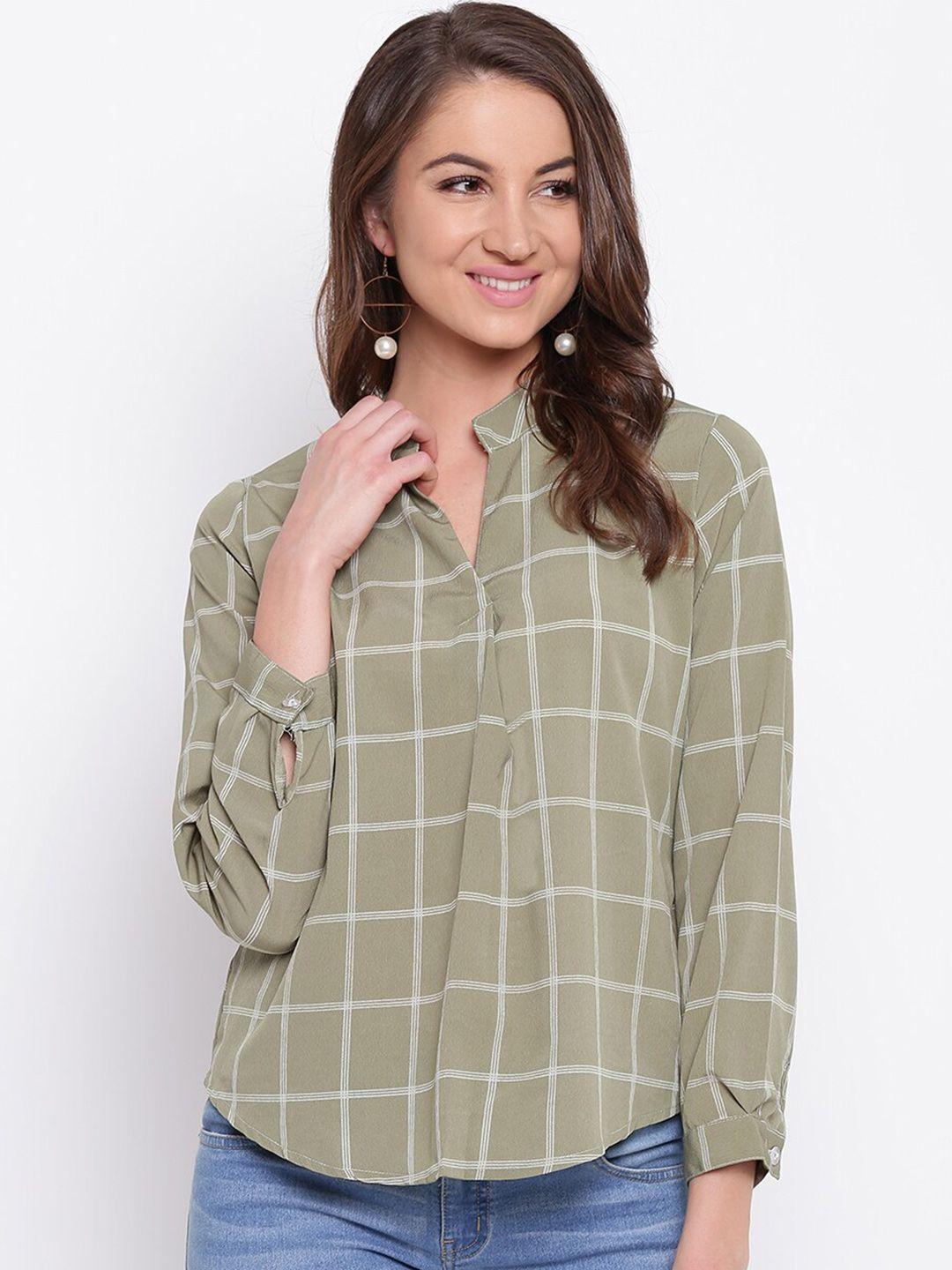 mayra green checked mandarin collar shirt style top