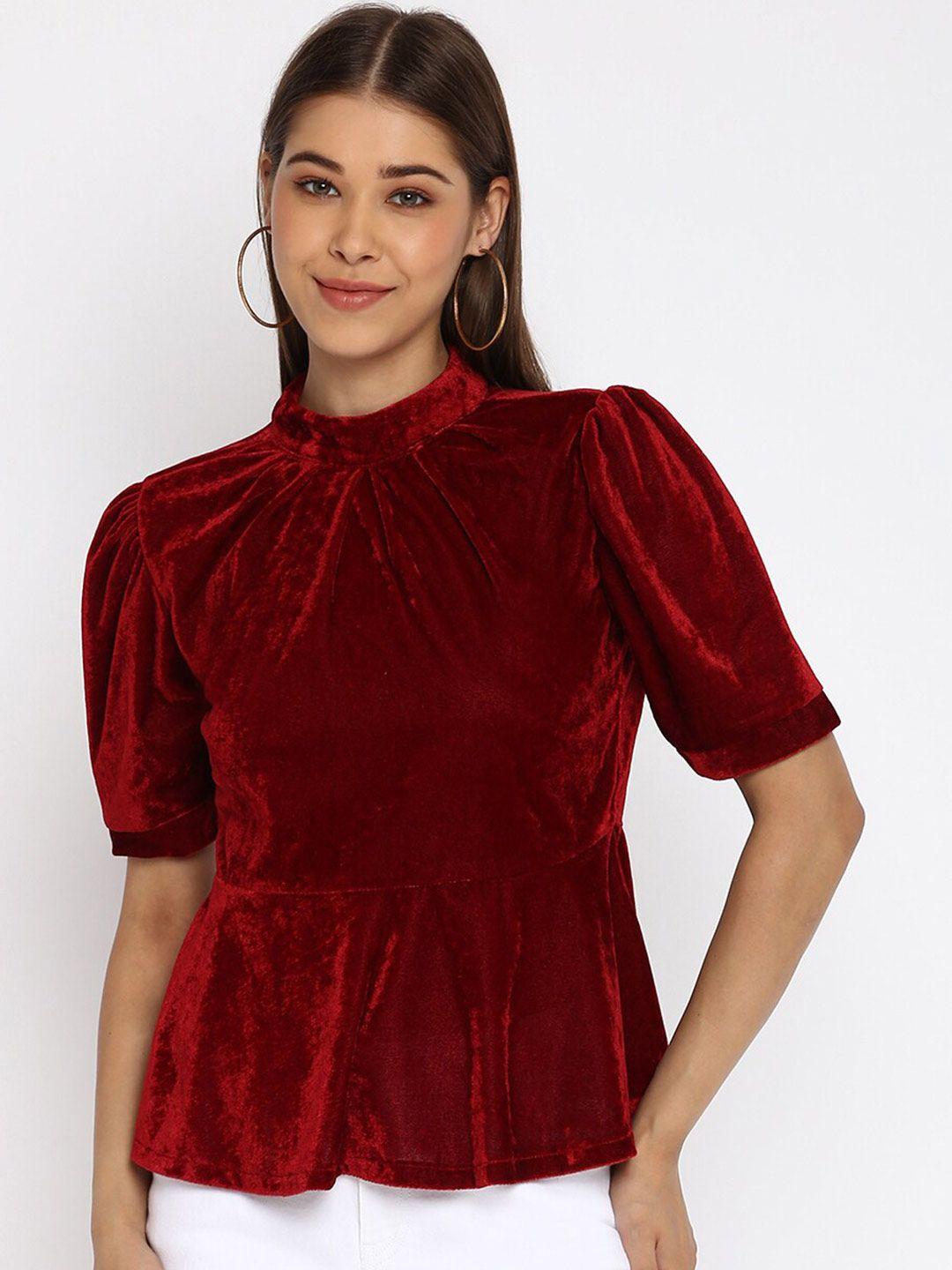 mayra high neck puff sleeves velvet peplum top