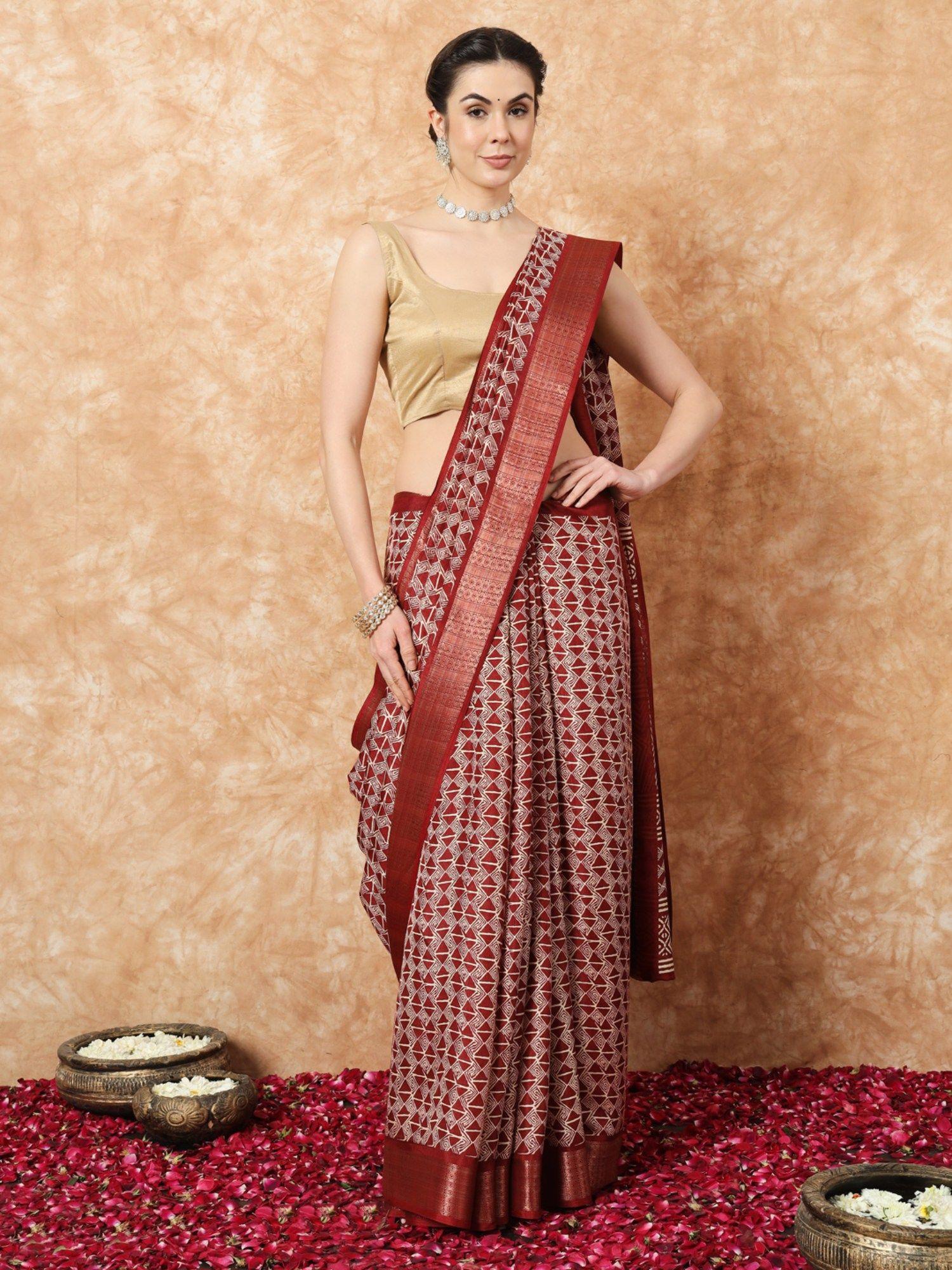 mayra maroon silk printed and zari border saree with unstitched blouse