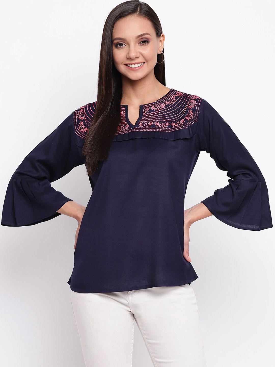 mayra navy blue & pink floral embroidered top