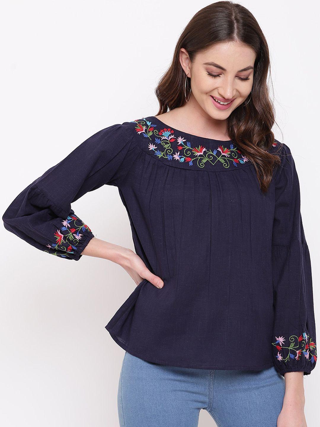 mayra navy blue floral embroidered puff sleeves pure cotton a-line top