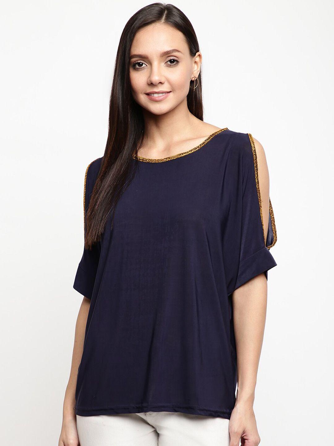 mayra navy blue solid cold shoulder top