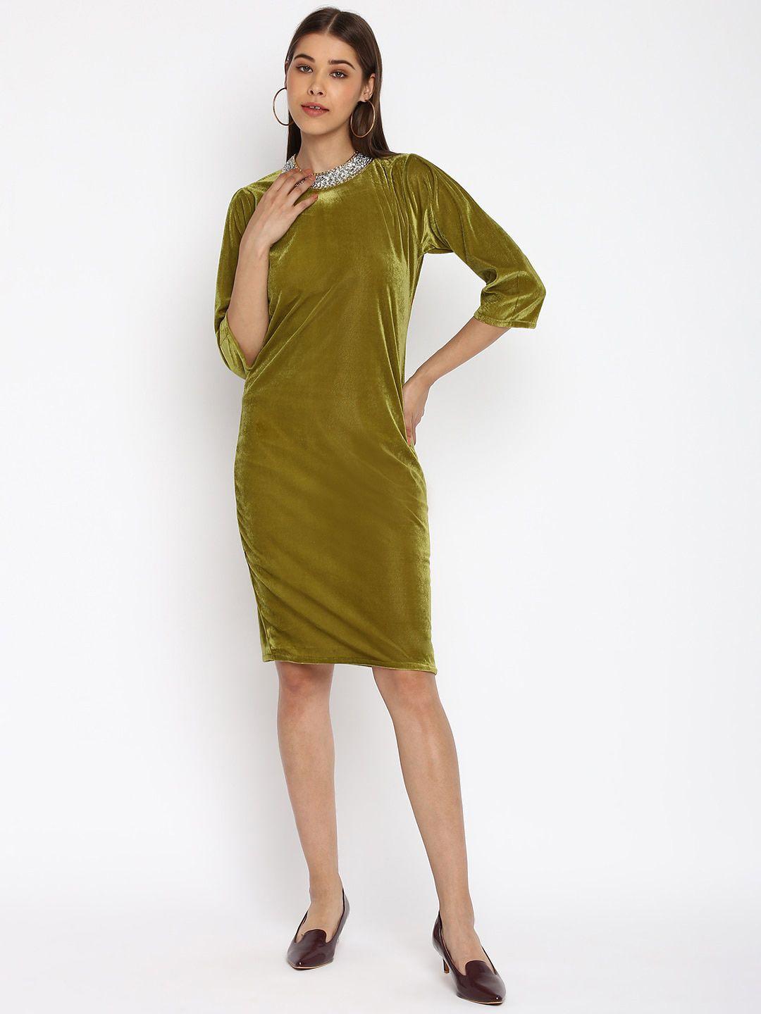 mayra olive green velvet sheath dress
