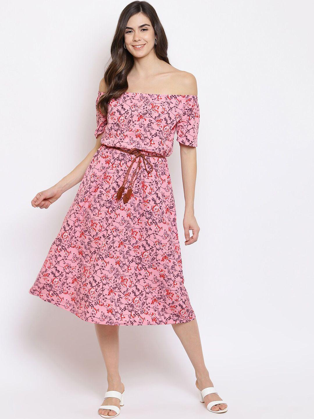 mayra pink floral off-shoulder a-line midi dress