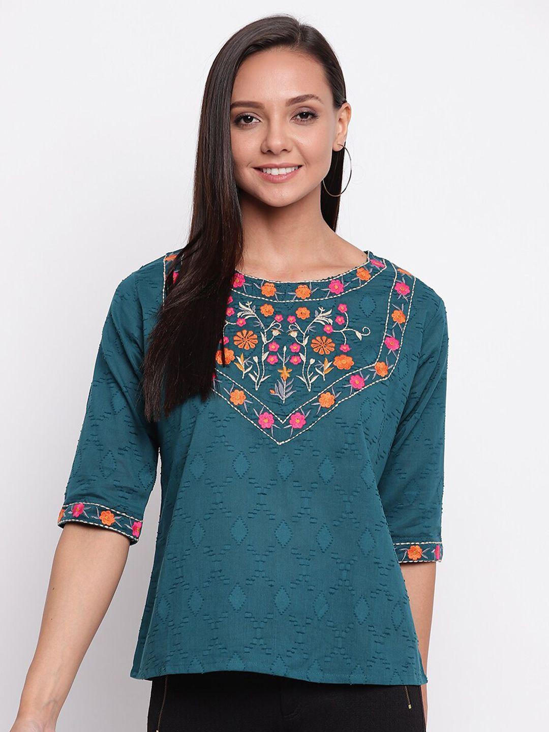 mayra teal & pink floral embroidered pure cotton top