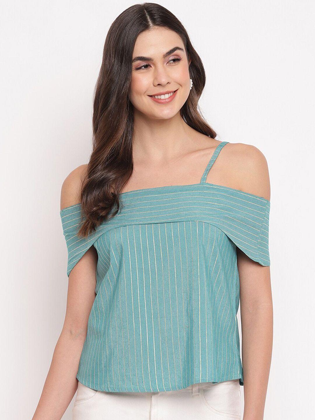 mayra teal green striped cold-shoulder sleeves top