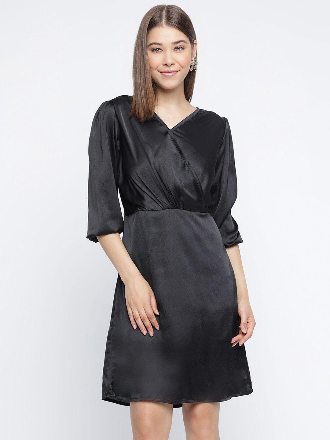 mayra v-neck puff sleeve pleated satin casual wrap dress