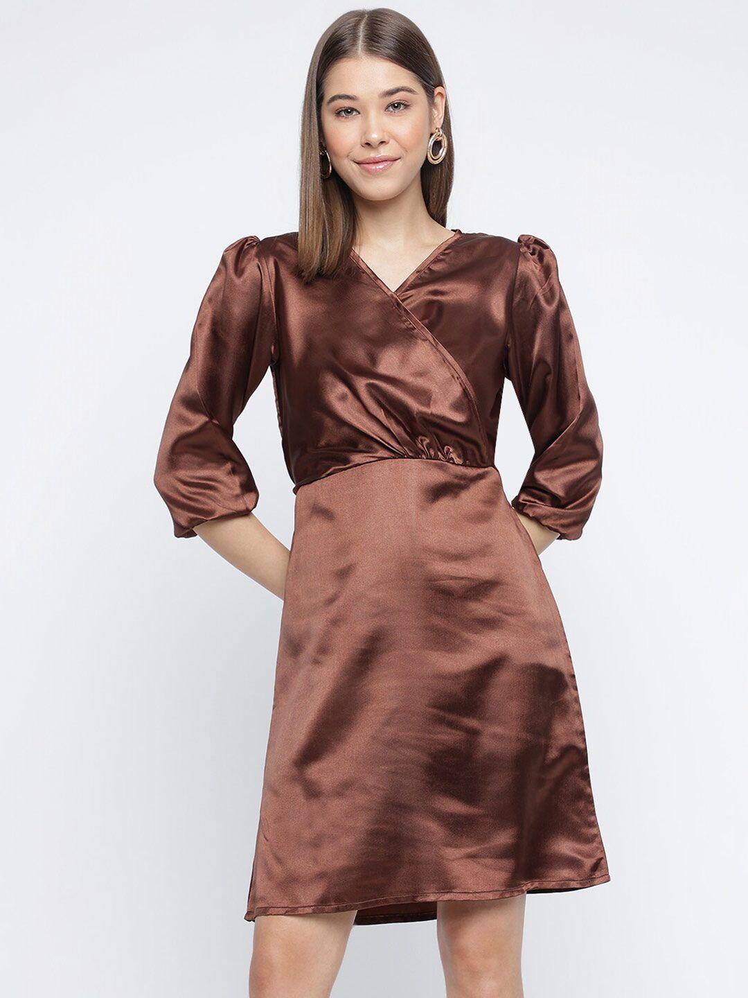 mayra v-neck puff sleeve pleated satin casual wrap dress