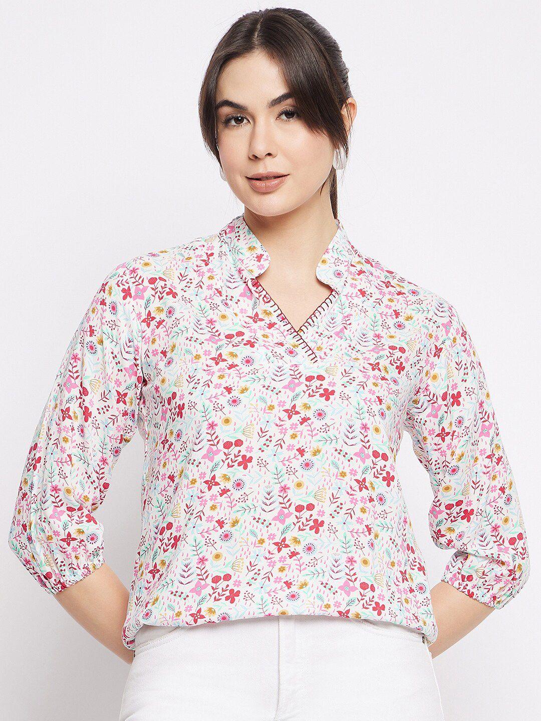 mayra white floral print band collar shirt style top
