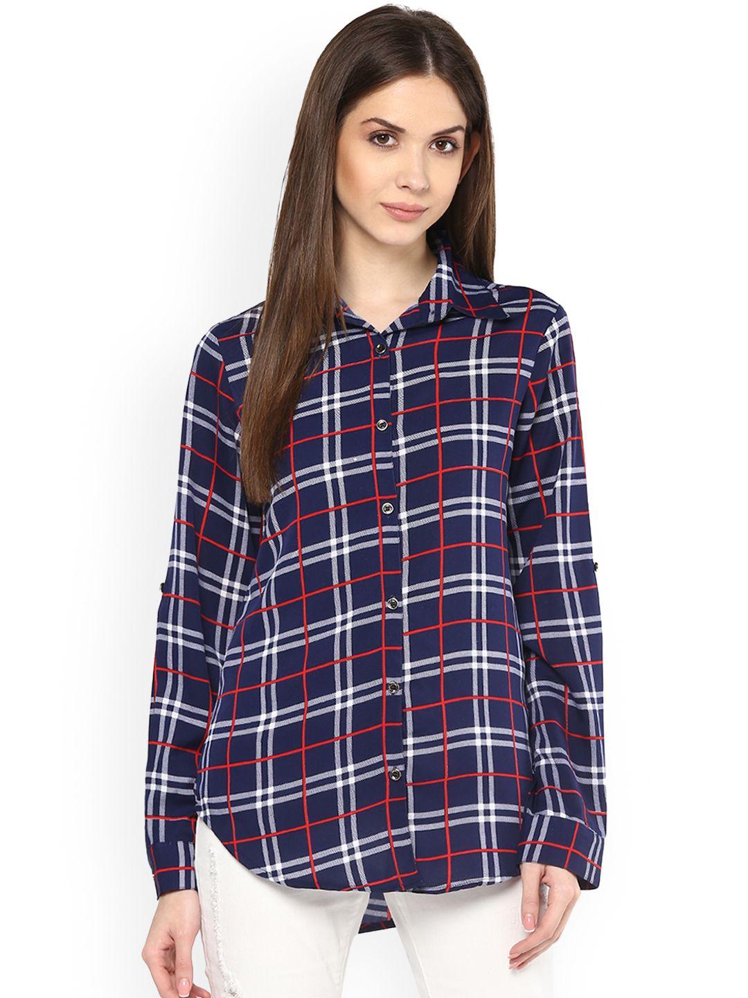 mayra women blue & red regular fit checked casual shirt