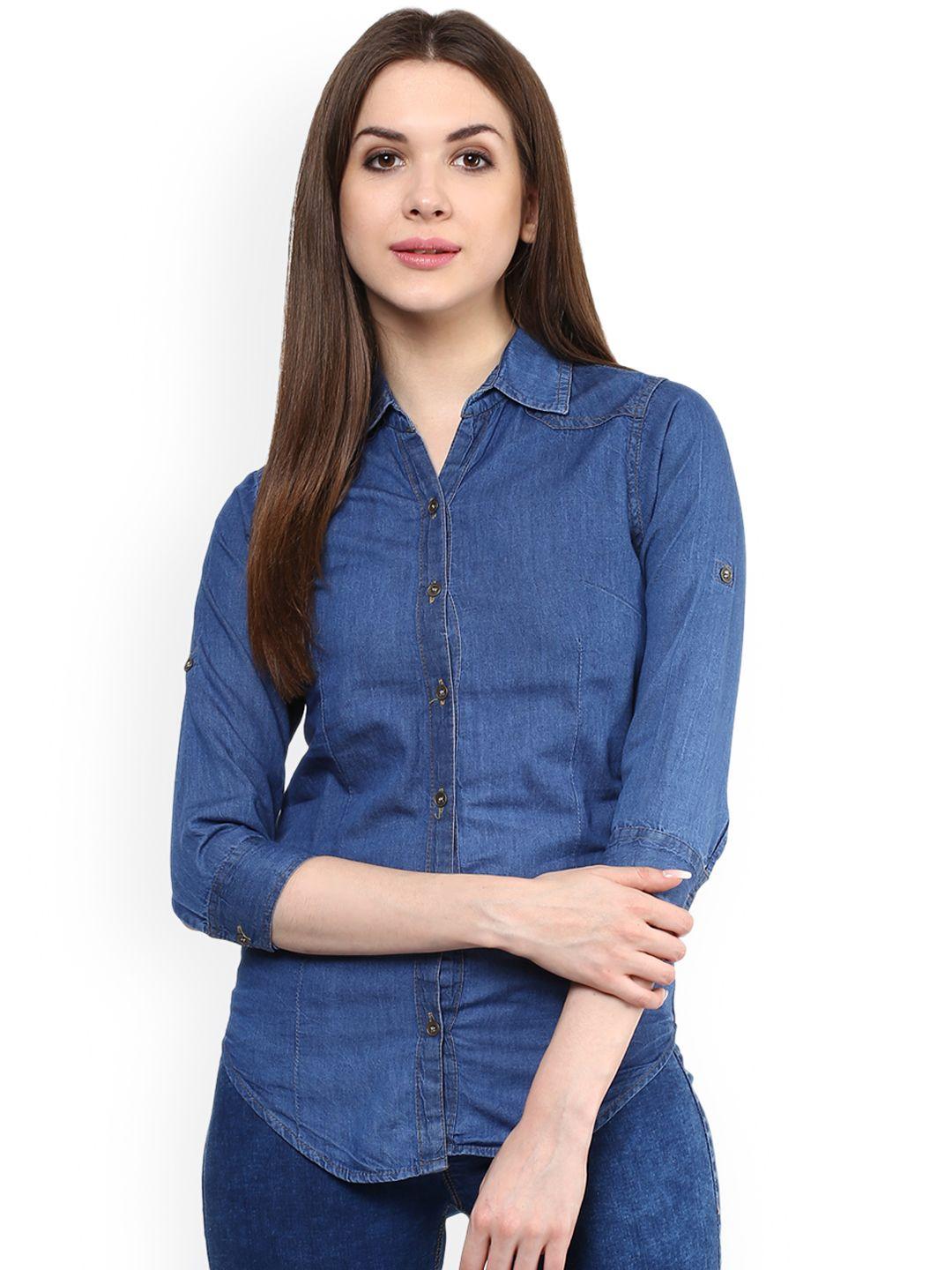 mayra women blue regular fit denim casual shirt