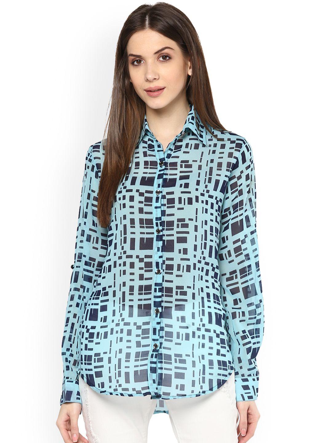 mayra women blue regular fit printed casual shirt