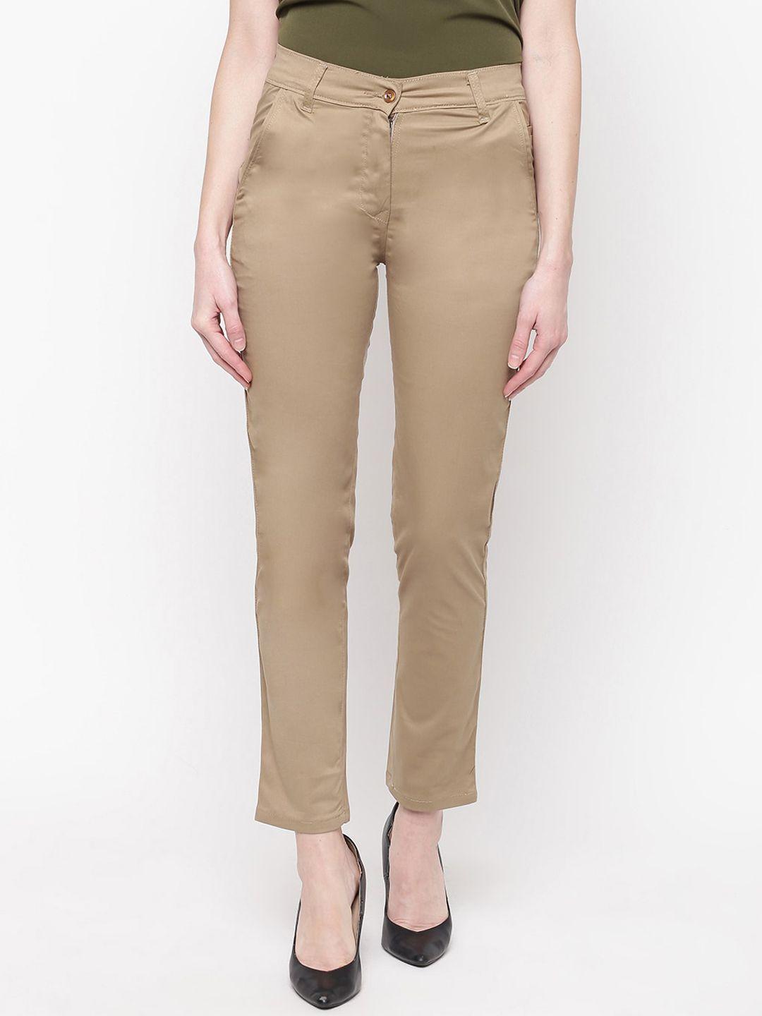 mayra women khaki skinny fit solid cropped regular trousers