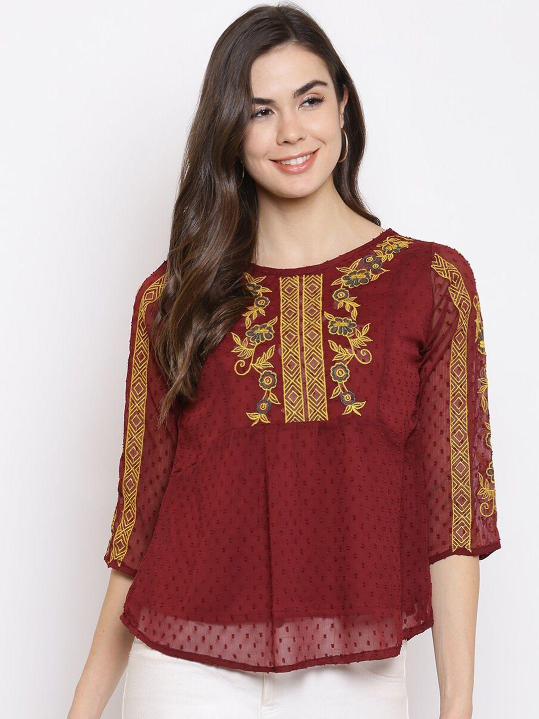 mayra women maroon & yellow embroidered regular top