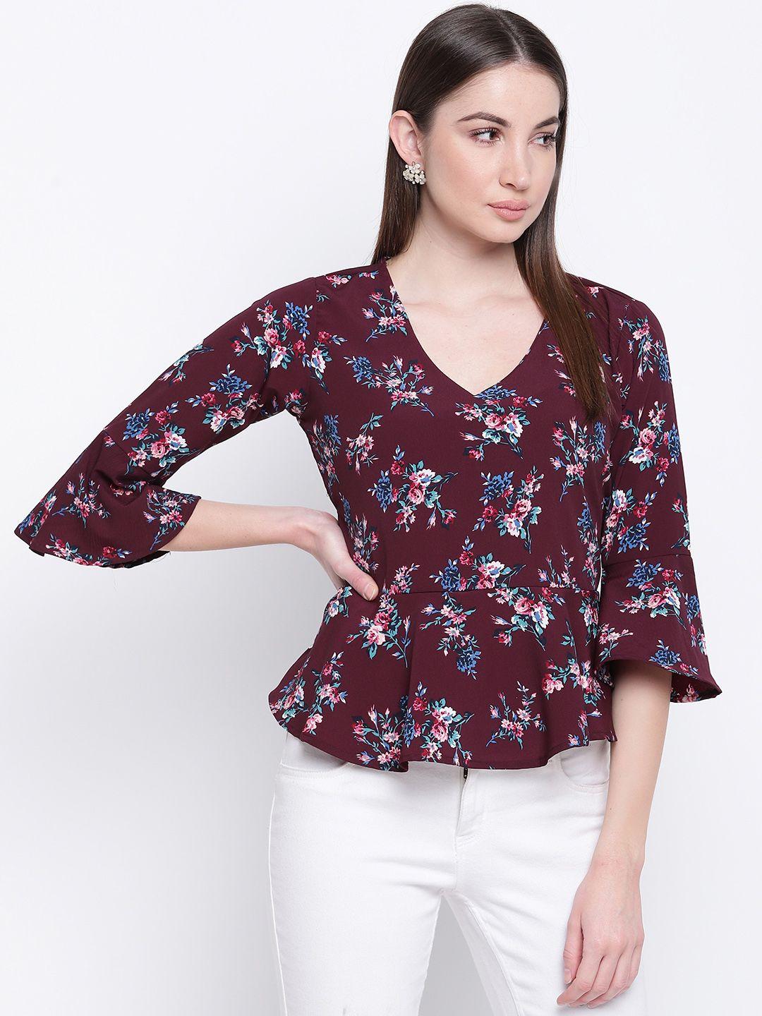 mayra women maroon floral printed cinched waist top