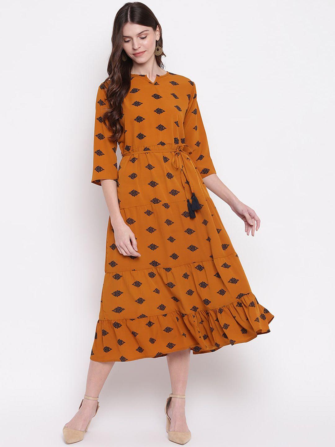 mayra women mustard brown printed a-line dress