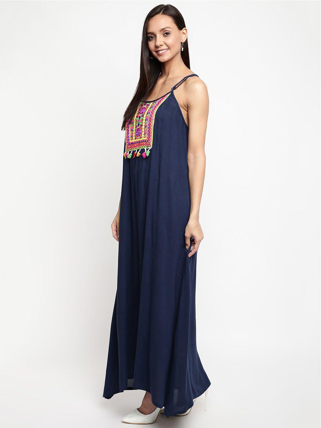 mayra women navy blue ethnic motifs embroidered maxi dress