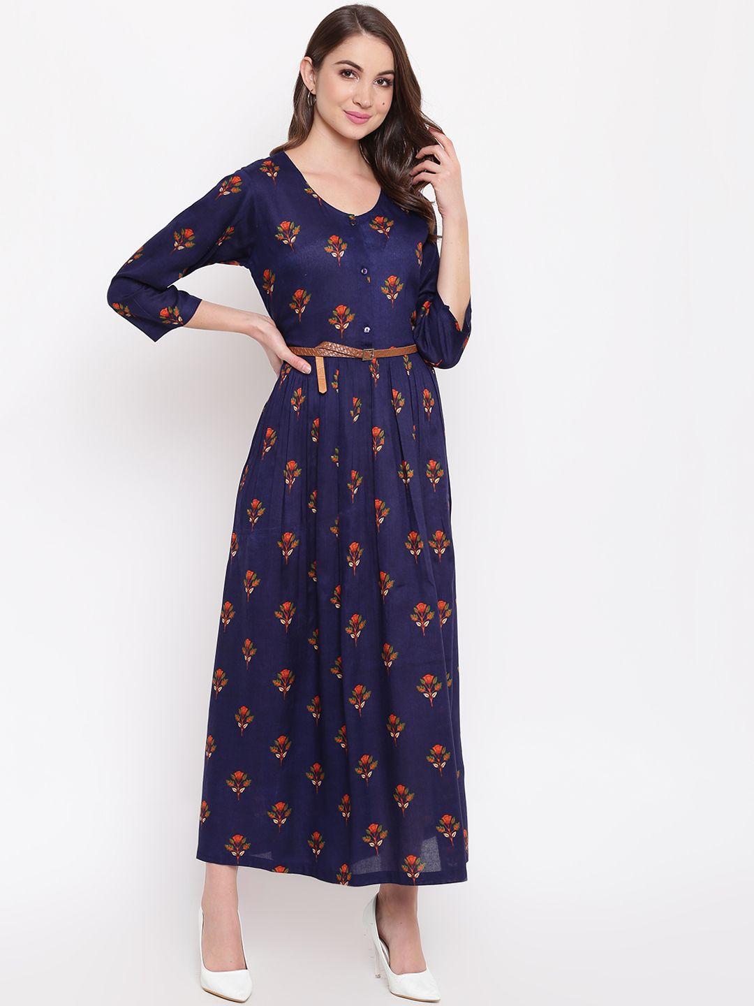 mayra women navy blue floral printed maxi dress