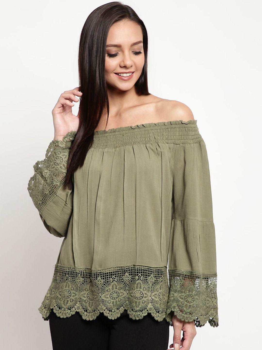 mayra women olive green solid bardot top