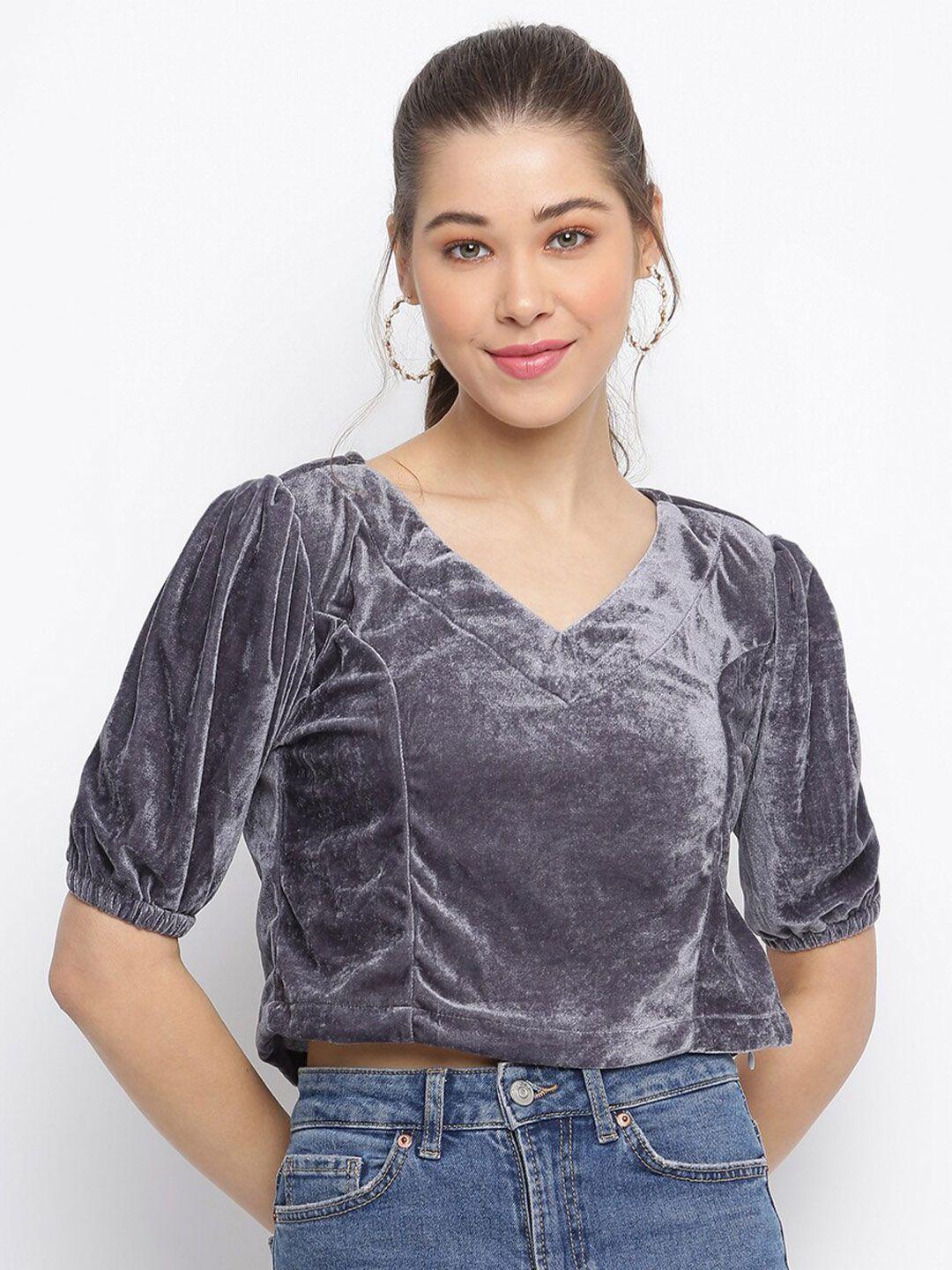 mayra women solid grey velvet crop top