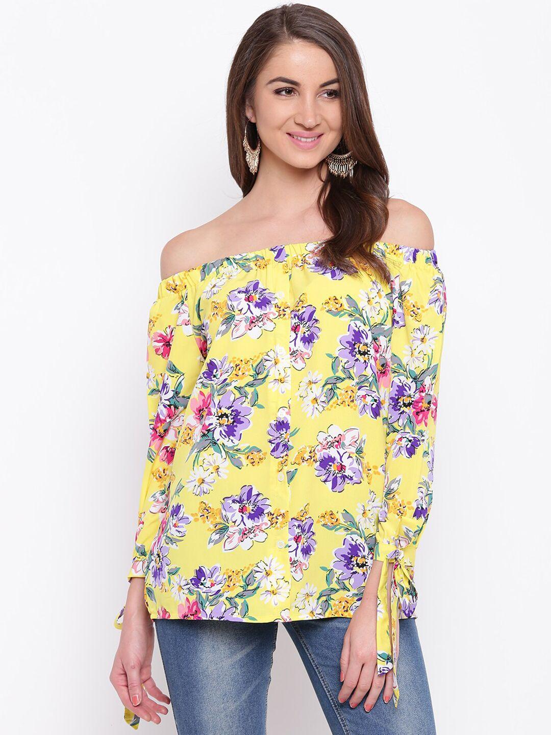 mayra yellow & purple floral printed off-shoulder bardot top