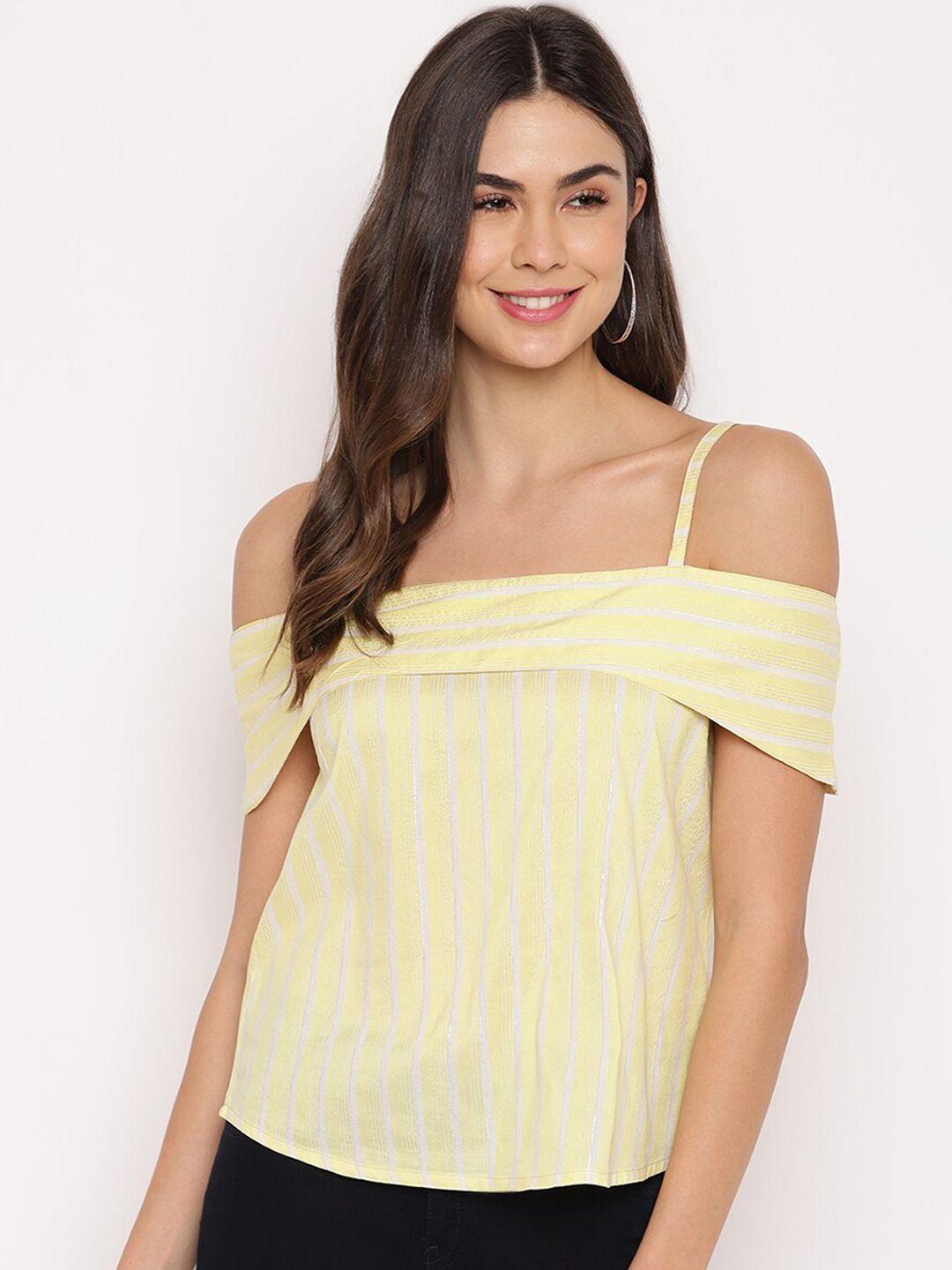mayra yellow & white striped bardot cold-shoulder bardot top