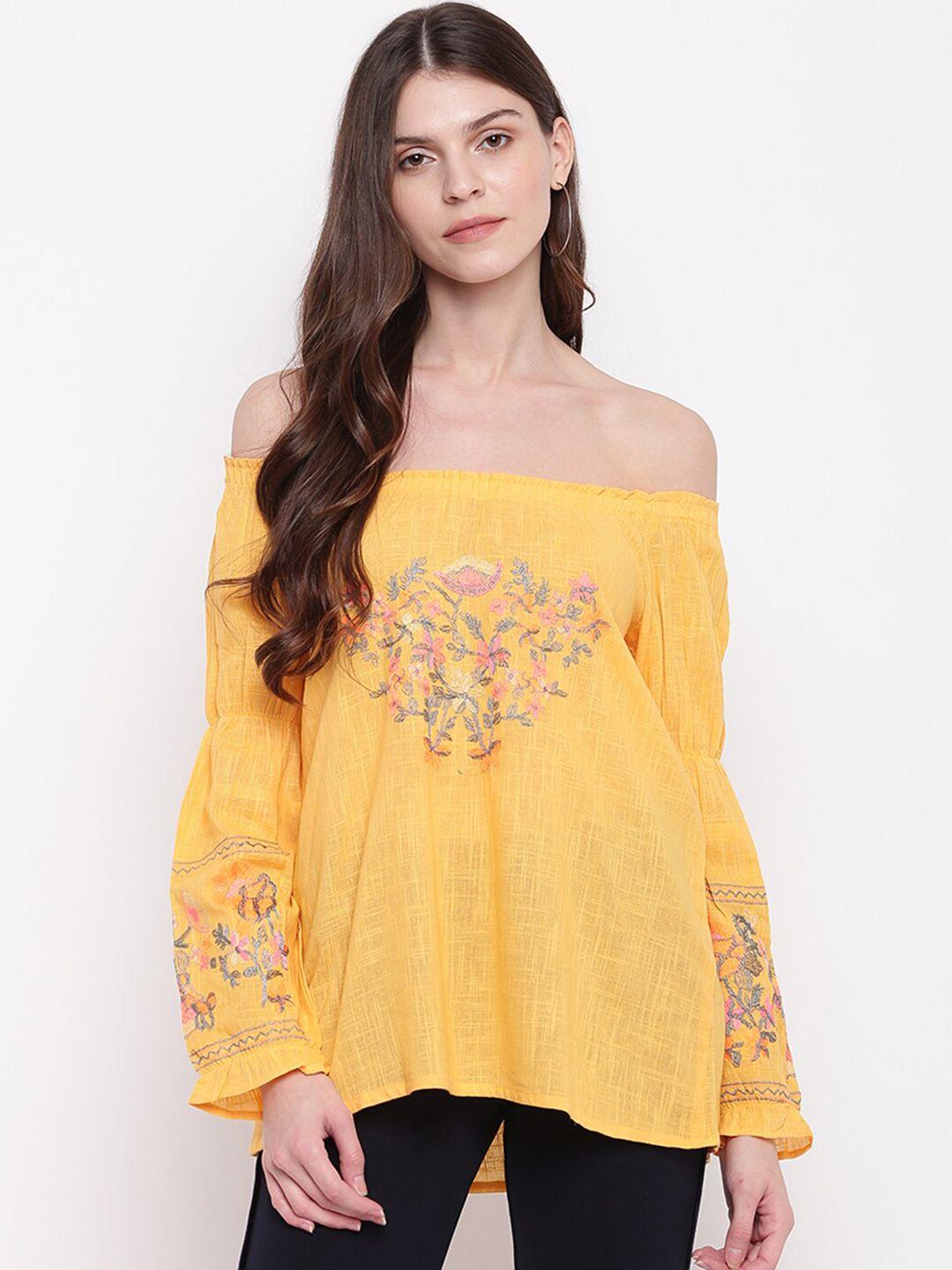 mayra yellow floral off-shoulder bardot top