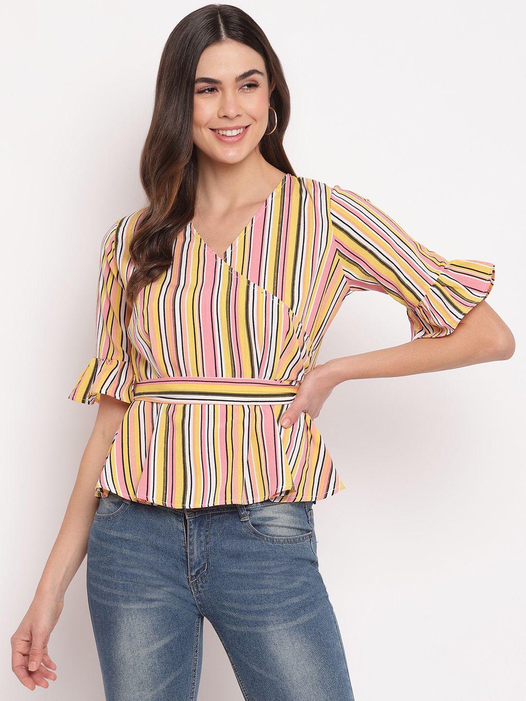 mayra yellow striped bell sleeves crepe wrap top