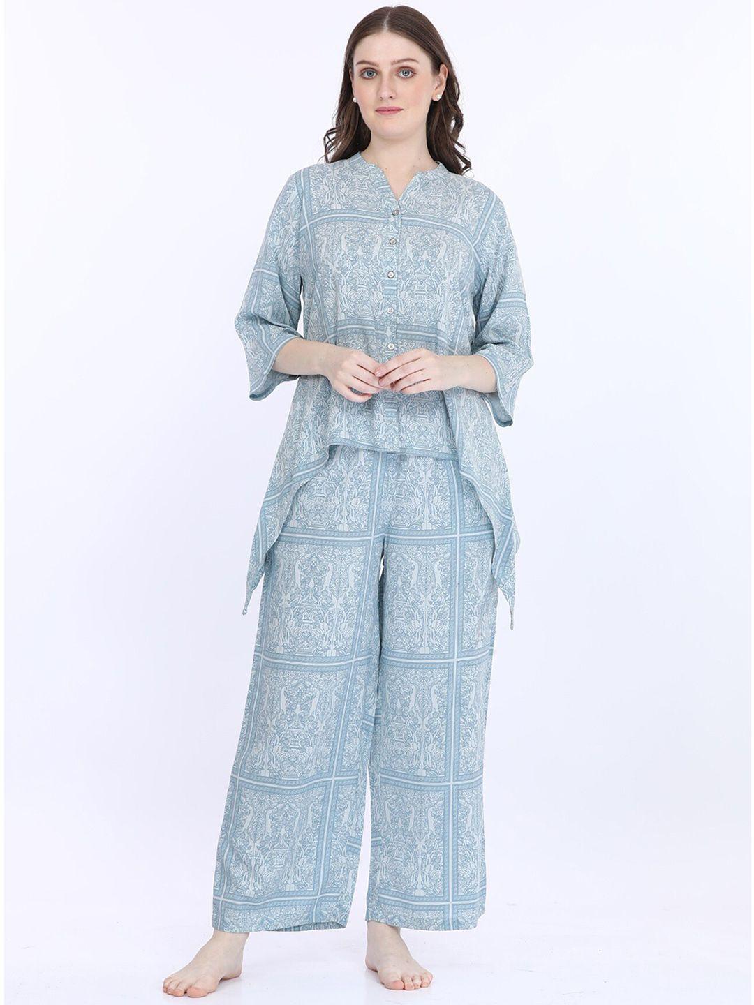 maysixty ethnic motifs printed mandarin collar night suit
