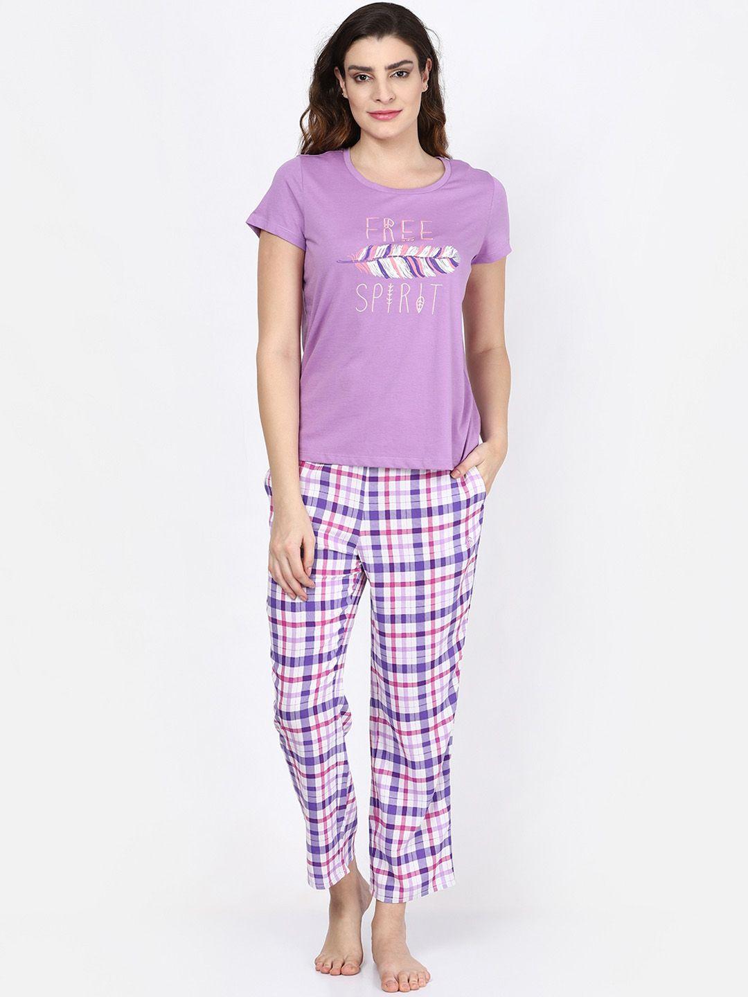 maysixty women lavender & white printed pure cotton night suit