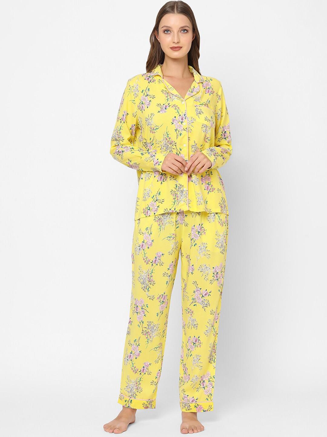 maysixty women yellow & pink printed pure cotton night suit
