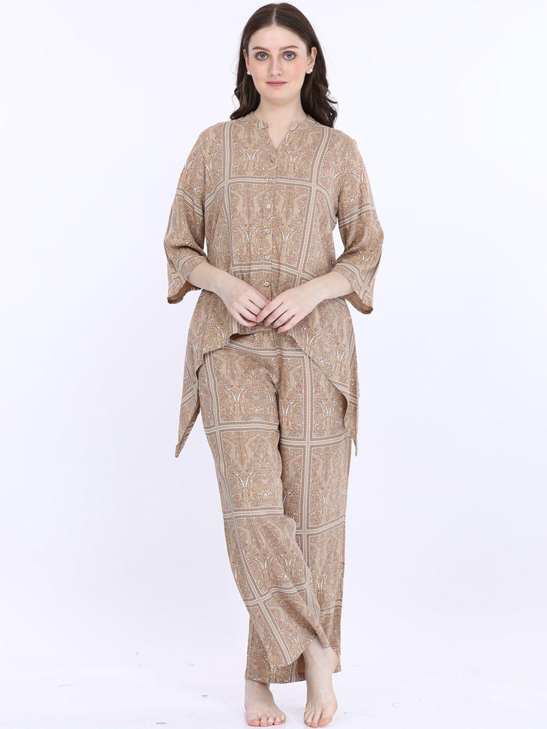 maysixty ethnic motifs mandarin collar three-quarter sleeves kurti with pyjamas