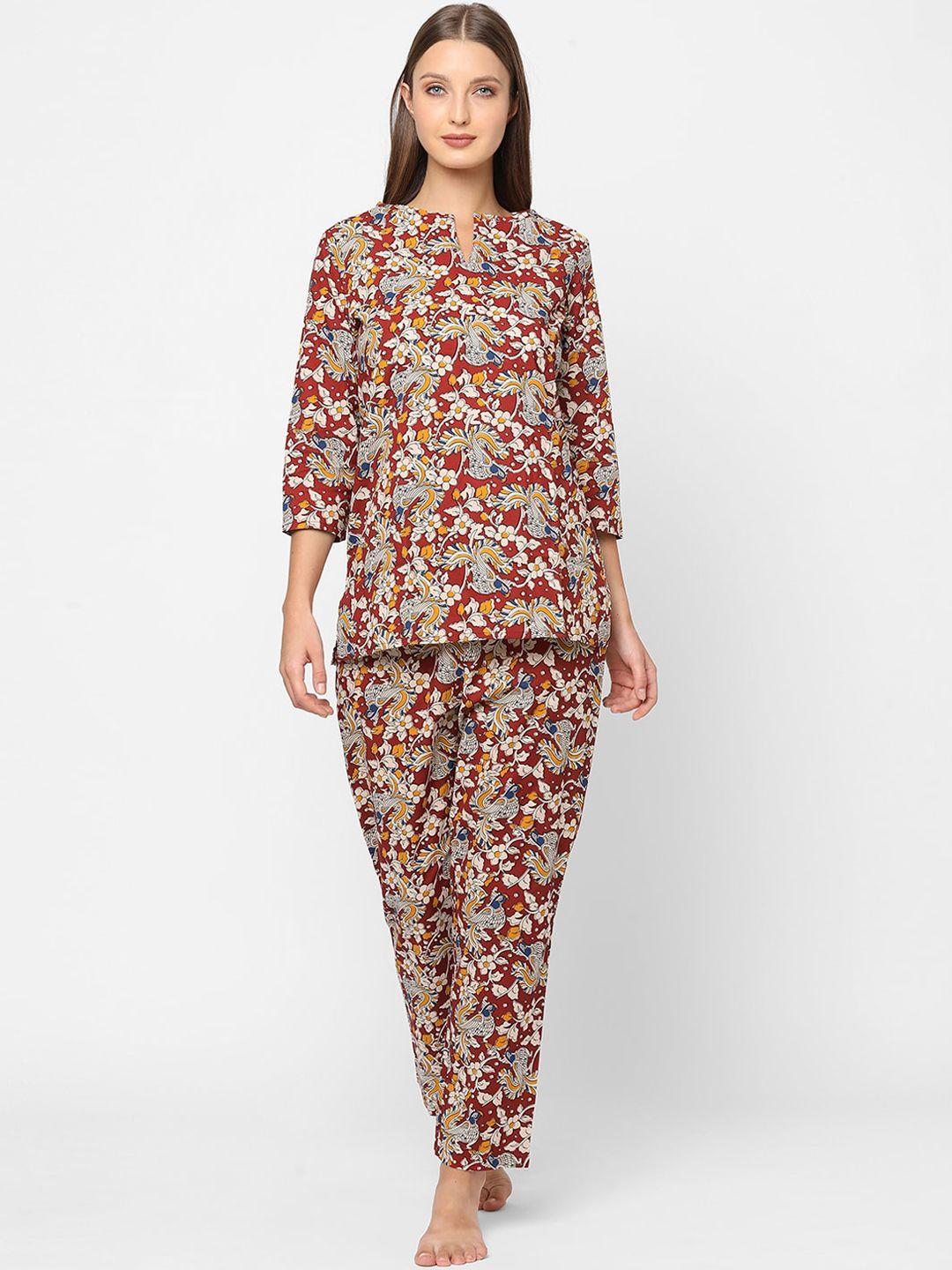 maysixty women maroon printed night suit