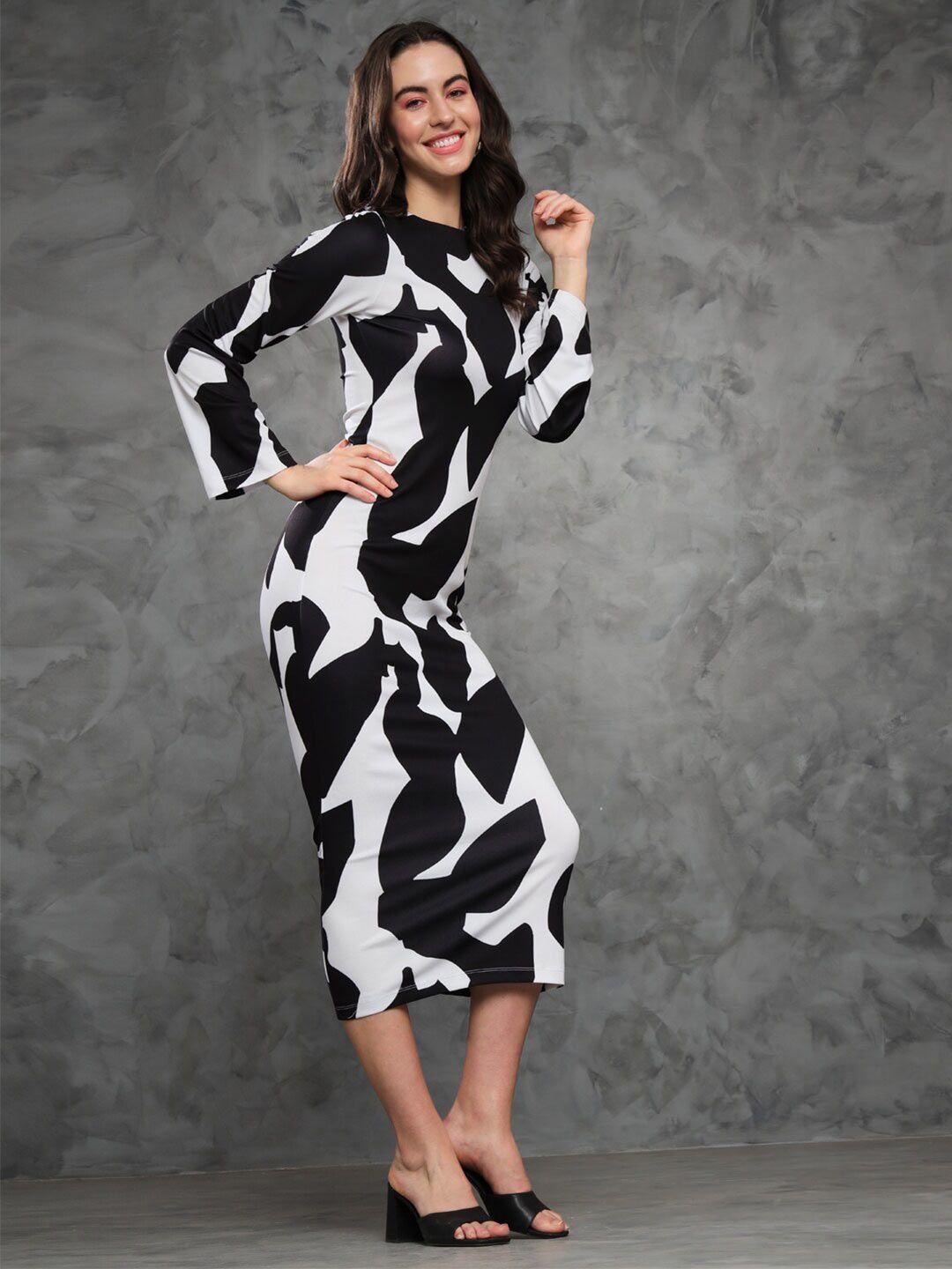 mazie abstract printed long sleeves bodycon midi dress
