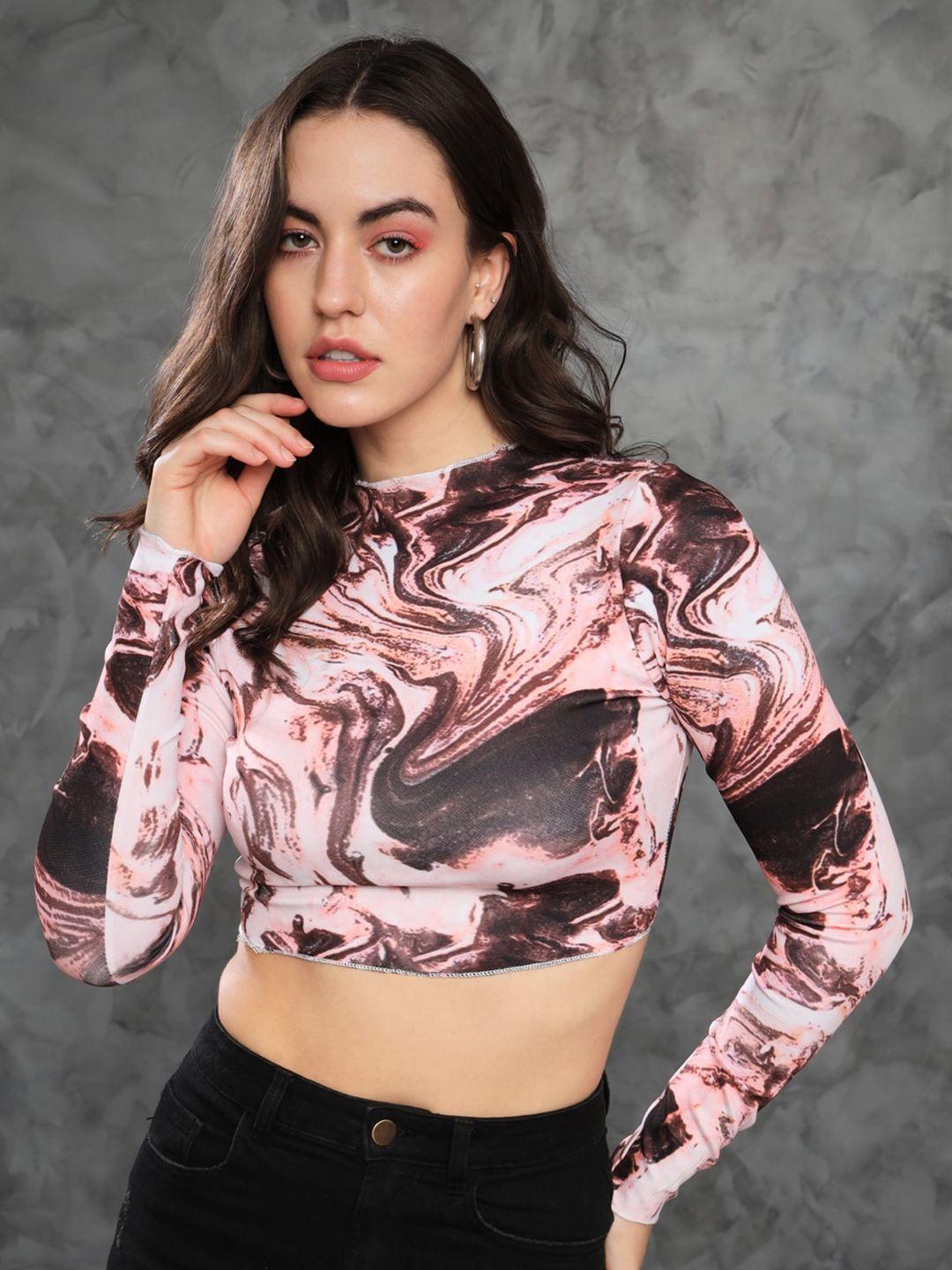 mazie printed round neck fitted crop top