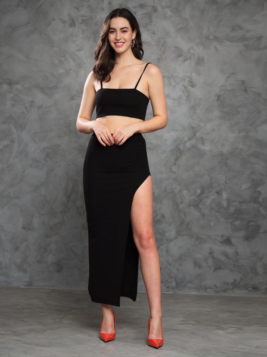 mazie shoulder straps crop top and high slit skirt