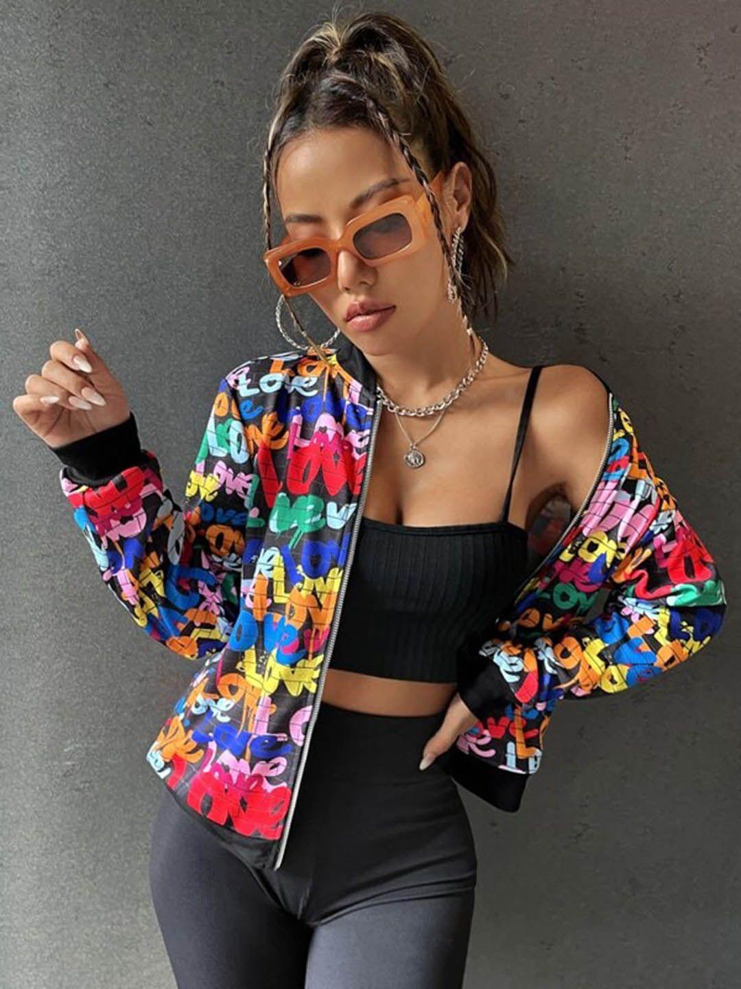 mazie typography printed stand collar bomber jacket