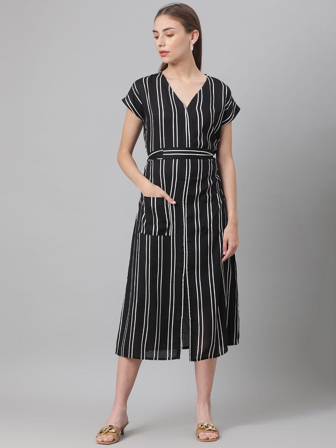 mbe black striped a-line midi dress